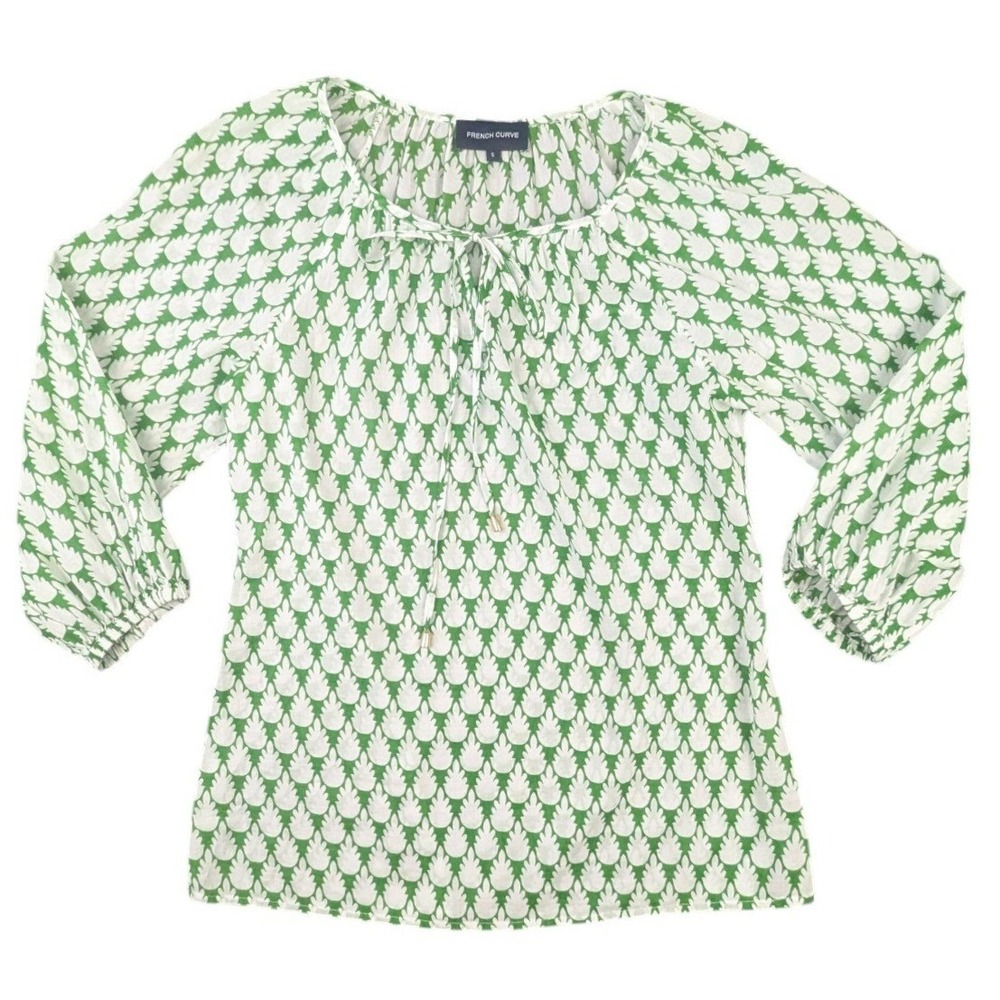 French Curve Green White Pineapple Leaf Print Cotton Peasant Blouse S 3/4 Slv